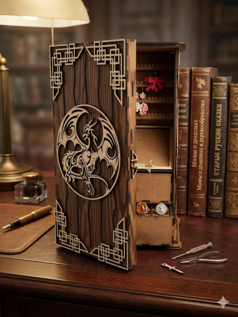 May include: A wooden jewelry box with a dragon design. The box is made of dark brown wood with a laser-cut dragon in a circle on the front. The box is open, revealing compartments for jewelry. The box is on a wooden desk.