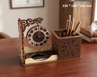 Wooden desk clock , laser cut files, Clock with organizer, Wooden clock, Desk clock,   Laser cut vector model