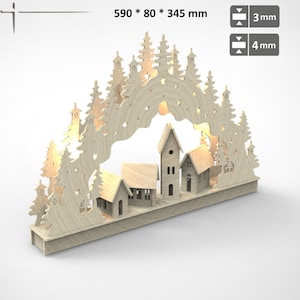 Christmas Tree Scene , Wooden Light Houses , Fir-tree with lights , files for laser cutting & laser engraved wood , svg, CDR,DXF, AI formats