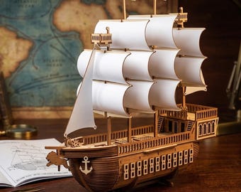 Ship Boat - SVG Laser Cut File, Laser cut wooden sailboat model ship 3d puzzle plan for Laser Cutting Machines