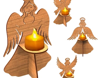 May include: Set of three wooden angel candle holders. Each angel is holding a small tea light candle. The angels are made of light brown wood and have a simple design.
