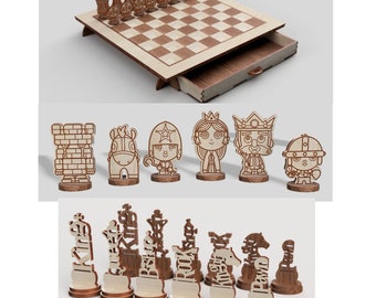 Chess and chess pieces Laser cut files Wooden Laser cut cnc vector template Laser cnc pattern lasercut digital file