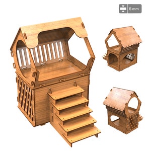 Pode incluir: Uma casa de madeira para gatos com telhado, plataforma e escadas. A casa é feita de madeira compensada e tem um acabamento de madeira natural. A casa tem 6 mm de espessura.