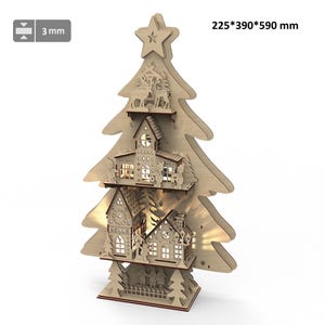 Arco luminoso per albero di Natale, in legno tagliato al laser, con molti dettagli, paesaggio del villaggio a batteria e decorazioni per la casa con LED bianchi caldi
