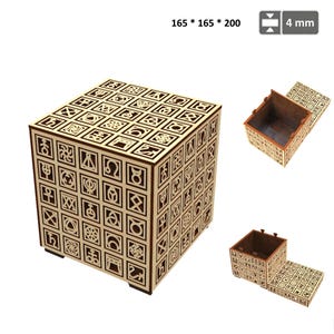 May include: A wooden box with a cube shape, featuring intricate geometric patterns and symbols carved into its surface. The box measures 165 x 165 x 200 mm. The lid is shown open in two additional views, revealing the interior.