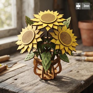 May include: A three-dimensional wooden sunflower bouquet sculpture featuring three yellow flowers with brown centers and green leaves, set in a circular wooden vase. The structure is composed of layered pieces with a thickness of 3mm.