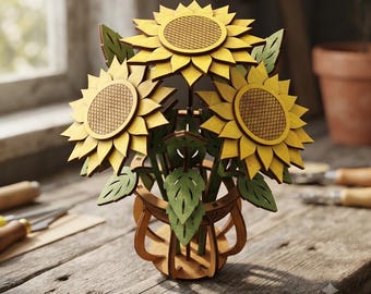 Wooden sunflowers Bouquet Laser Cut File | 3D sunflowers Flowers SVG | Plywood Flower Vase | Glowforge Template | CNC DXF | Digital Download