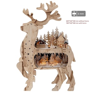 Maison Arche lumineuse de Noël en forme de renne, en bois découpé au laser, avec de nombreux détails, paysage de village fonctionnant sur batterie et décorations pour la maison à LED blanc chaud
