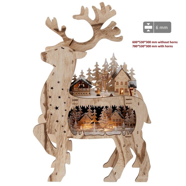 Home Christmas reindeer light arch,Wooden Laser Cut ,with many details,Battery Operated Village Scenery and Warm White LEDs Home Decorations