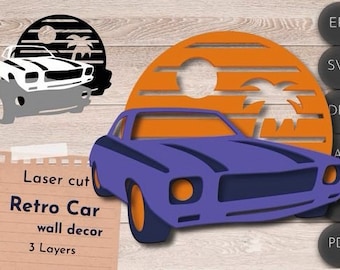 May include: Laser cut retro car wall decor with three layers. The car is purple with a black stripe and is set against a sunset background with a palm tree.