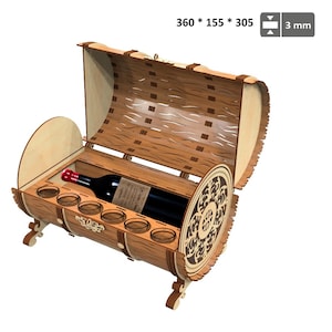 Houten vijl minibar voor lasersnijden. Cadeaupakket voor een fles wijn en glazen, geschenkdoos met patroon, wijnfleshouder