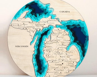 7 layer 3D map of the Michigan,multi -layer panel,laser cut file,3D Wood Michigan Map Antistress coloring, 7 layers