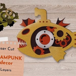 3D gelaagde vis teken Steampunk kunst aan de muur