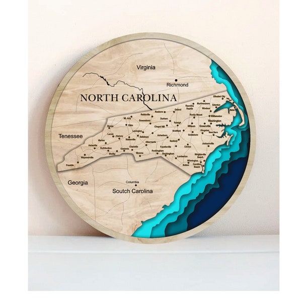 6 layer 3D map of the North Carolina, multi -layer panel,laser cut file. 3D Wood North Carolina Map Antistress coloring, 6 layers.