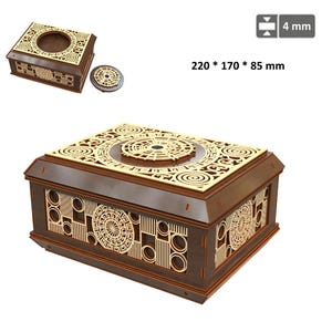 Puede incluir: Una caja de madera con intrincados diseños cortados con láser, con una tapa con un patrón circular y una pieza circular separada. La caja mide 220 x 170 x 85 mm, con un grosor de 4 mm. La caja es marrón con detalles en marrón claro.