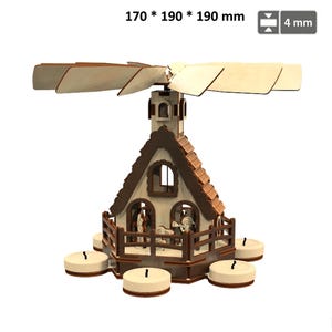 May include: A wooden Christmas pyramid with a house design, featuring a rotating fan and candle holders. The pyramid measures 6.7 x 7.5 x 7.5 inches and is 0.16 inches thick. The house has a brown roof and a fence around the base, with figurines inside.