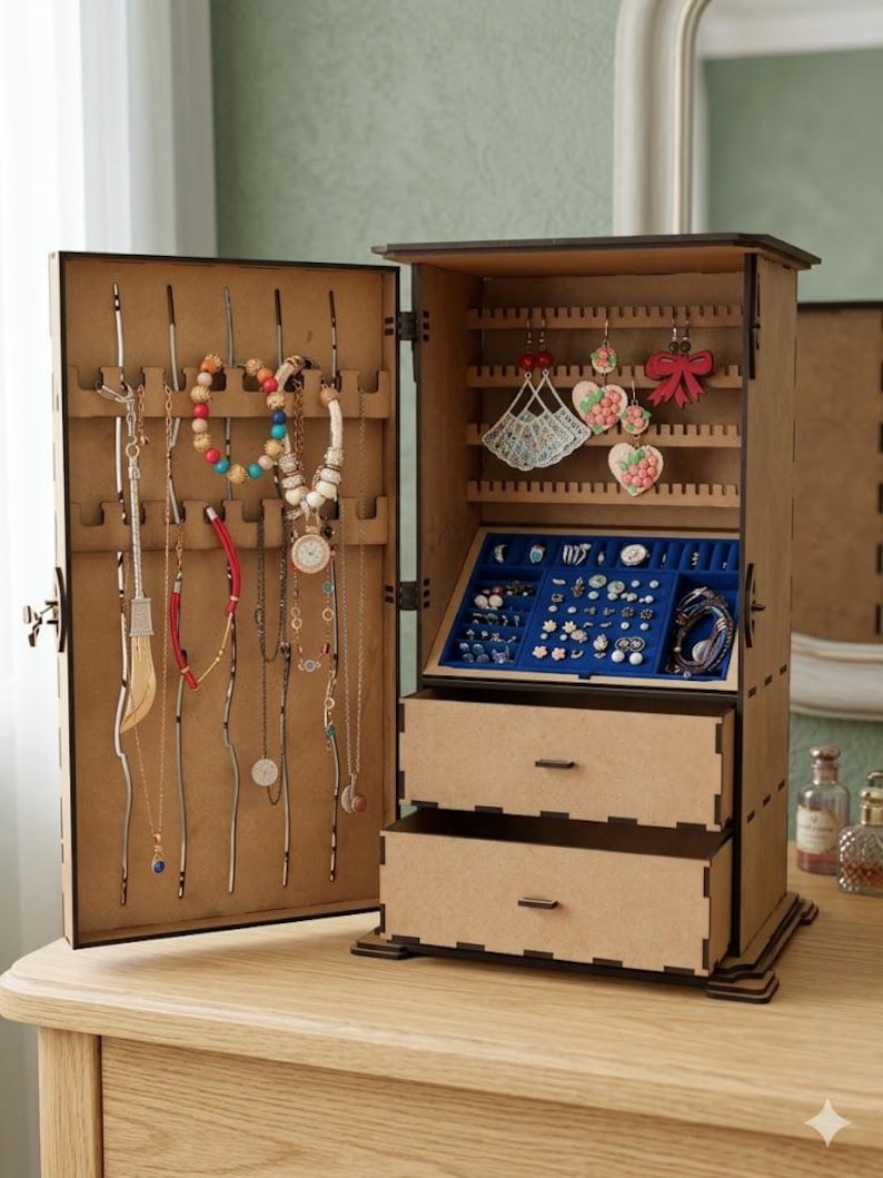 May include: A wooden jewelry armoire with an open door revealing necklaces, bracelets, and earrings. The interior features multiple storage compartments, including drawers and hanging spaces. The armoire is made of light brown wood and sits on a wooden surface.