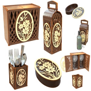 Conjunto com flores, arquivos cortados a laser Caixa para vinho SVG, caixa para talheres PDF, Caixa para doces AI Caixa para taças de vinho. Arquivos S3 para corte