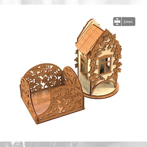 Teehaus ""Ivy"" und Serviettenhalter zum Lasern - Lasercut, Teebeutelhalter dxf, Haus Box Dxf, Teehaus Laserschnitt S3."