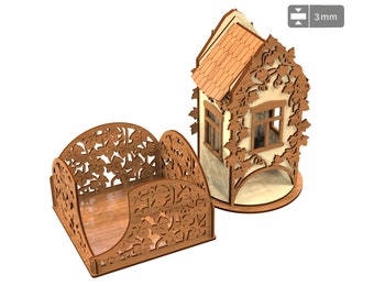Tea house "Ivy" and a napkin holder for laser cutting Tea bag holder svg, tea bag storage dxf, house box dxf, Tea House laser cut S3