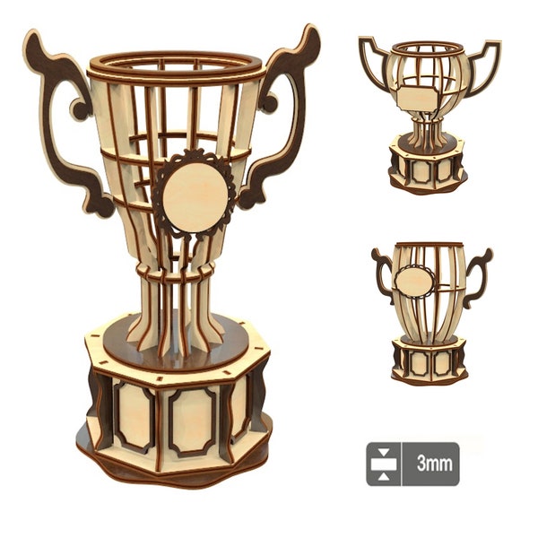 Trophy Cup - Laser Cut File, Set von 3, 3D Sperrholz Projekt von Award Design als Vektor-Plan, Award Trophy SVG Files S3