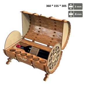 Houten vijl minibar voor lasersnijden. Cadeaupakket voor een fles wijn en glazen, geschenkdoos met patroon, wijnfleshouder