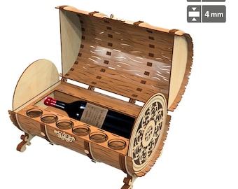 Wooden mini bar barrel- file for laser cutting. Gift pack for a bottle of wine and Glasses , pattern present box, wine bottle holder