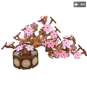 Archivo de corte láser de árbol bonsái 3D multicapa, modelo vectorial DIY para decoración de grabado en madera contrachapada de 3 mm y maceta, árbol bonsái Sakura de madera