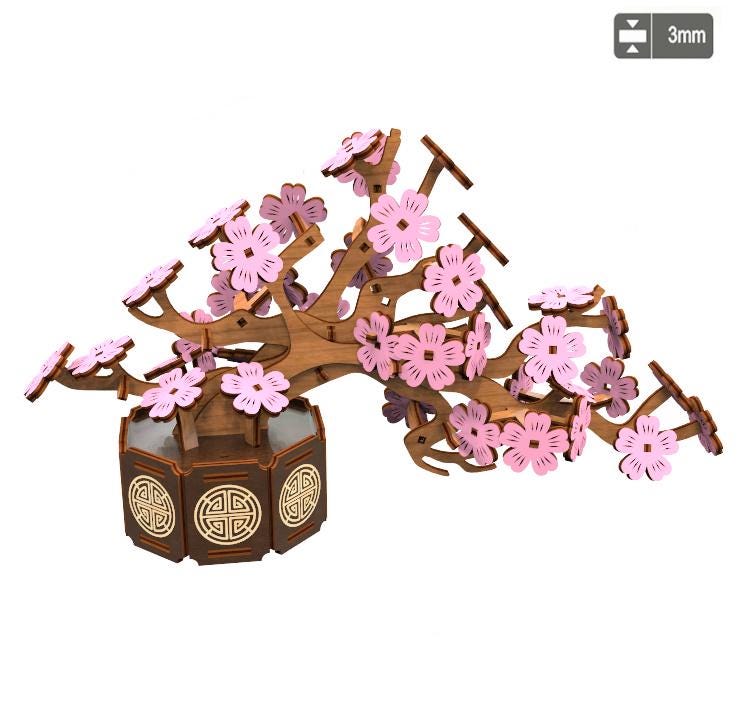 Bonsai Tree Laser Cut File 3D Multilayer Tree DIY vector model for 3mm plywood engraving decoration and plant pot Wooden Sakura Bonsai Tree