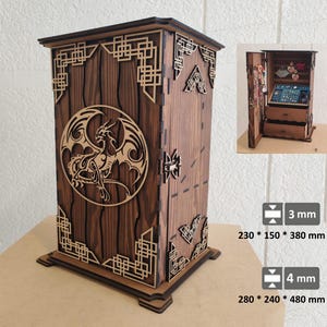 May include: A wooden jewelry armoire with a dragon design. The dark brown cabinet features decorative cutouts and a dragon emblem on the front door. The armoire is available in two sizes: 230 x 150 x 380 mm and 280 x 240 x 480 mm.