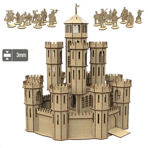 Juguete de madera Castillo medieval, 20 figuras de caballeros, Archivos cortados con láser, Archivo cnc del kit completo del castillo, Regalo para niños pequeños, Juguetes de madera, rompecabezas de madera