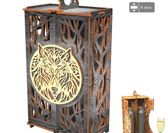 Puede incluir: Un porta botellas de vino de madera con un diseño de lobo. El porta botellas está hecho de madera oscura con detalles en naranja. El diseño del lobo está en un círculo en el centro del porta botellas. El porta botellas tiene un grosor de 4 mm. El porta botellas se muestra con dos botellas de vino dentro.