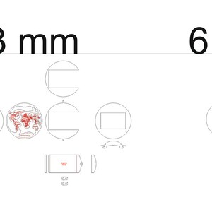 May include: A line drawing of a globe with a stand, showing two different sizes: 3 mm and 6 mm. The globe is a simple outline with a map of the world inside. The stand is a simple outline with a base and a curved support.