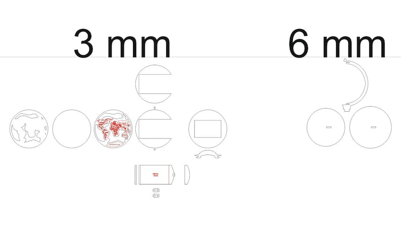 May include: A line drawing of a globe with a stand, showing two different sizes: 3 mm and 6 mm. The globe is a simple outline with a map of the world inside. The stand is a simple outline with a base and a curved support.