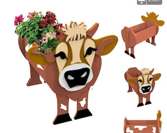 May include: A brown and white cow-shaped planter with a flower pot on its head. The planter has black hooves and a white spot on its side. The planter is made of wood and is 8 mm thick.