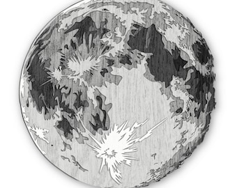 May include: A black and white pencil drawing of the moon with craters and a textured surface.