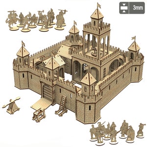 Pode incluir: Um kit de modelo de madeira de um castelo medieval com uma ponte levadiça, torres e muralhas. O kit inclui 12 figuras em miniatura de cavaleiros e uma catapulta. O castelo tem 3 mm de espessura.