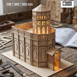 May include: A light-colored wooden architectural model of a building with a central tower, featuring intricate laser-cut details, arched windows, and a small entrance porch. The structure measures 700 * 400 * 850 mm with 3 mm thick panels.