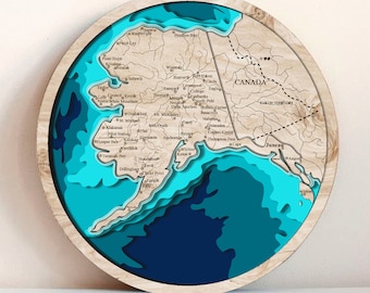 8-Schicht-3D-Alasca-Karte, Multi-Layer-Panel, Laserschnittdatei. 3-D Holz Karte von Alaska Anti-Stress Färbung, 8 Schichten