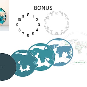 May include: A wooden world map clock with a blue and green layered design. The clock face is a white circle with black numbers. The clock hands are not visible. The clock is labeled "ANTARCTICA".