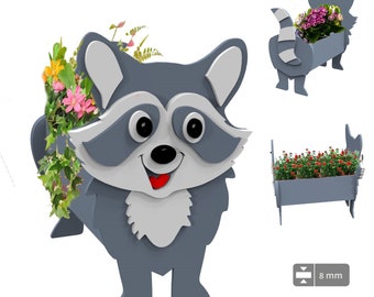 Raccoon planter pattern, Raccoon wood planter, DIY garden ornament flower pot, laser cutting digital file svg pdf ai cdr