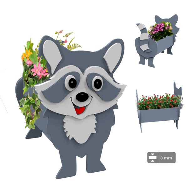 Raccoon planter pattern, Raccoon wood planter, DIY garden ornament flower pot, laser cutting digital file svg pdf ai cdr S3