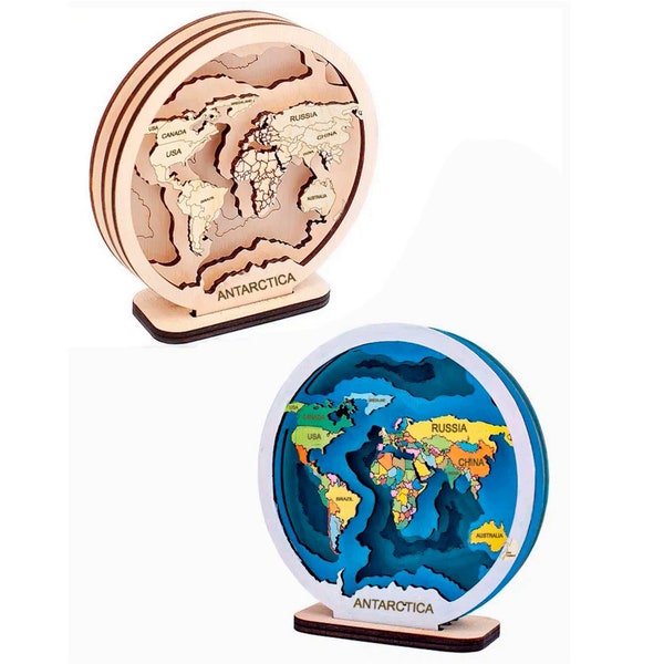 3 layer 3D map of the world, multi -layer panel,laser cut file. Kid's Wood World Map  coloring, 3 layers 20 см-7.9" S3