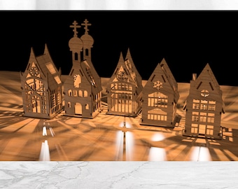 Christmas town Laser Cut Files Santa Claus House City scene with 3d houses Christmas House Ornaments Set of 5 Christmas Candle Holder S3