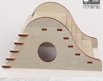 May include: A wooden cat climbing frame with a tunnel and steps. The frame is 173 inches by 86 inches by 82 inches and is 3 mm thick.