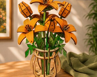 Wooden Lily Bouquet Laser Cut File | 3D Lily Flowers SVG | Plywood Flower Vase | Glowforge Template | CNC DXF |  Digital Download