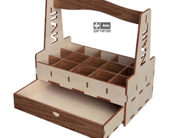 May include: A wooden organizer with a handle and a drawer. The organizer has 12 compartments and is made of light brown wood. The drawer is made of a darker brown wood. The organizer is 224mm x 136mm x 200mm and is 4mm thick.