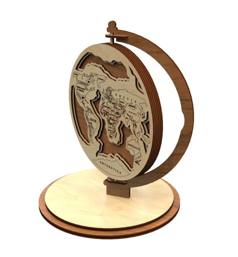 May include: A wooden globe with a world map engraved on it. The globe is on a wooden stand with a base. The globe is made of layered wood and has a brown finish.