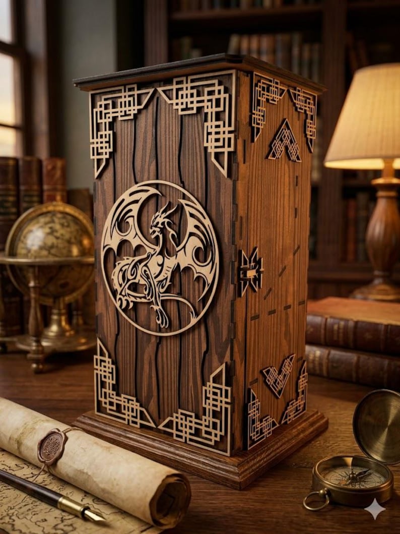 May include: A wooden box with a dragon design. The box is made of dark brown wood with intricate laser-cut patterns and a circular dragon emblem. The design includes geometric shapes and a detailed dragon silhouette, creating a decorative storage item.