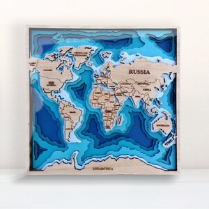 Digitale vierkante 3D-wereldkaart, 6-laags paneel, lasergesneden bestand, 3D-wereldkaart hout, wanddecor, cadeau voor een reisliefhebber, bonuspaneelklok